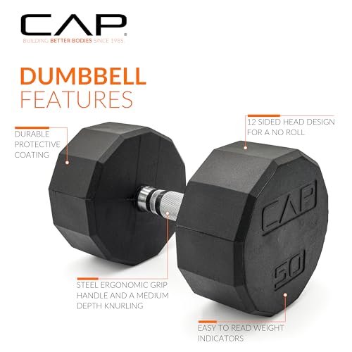 Image of CAP Rubber Coated Dumbbell Weights, Free Weights for Home Gym Strength Training, Anti-Roll Hex Dumbbells with Black, Chrome & Comfort Grip Handles, Singles