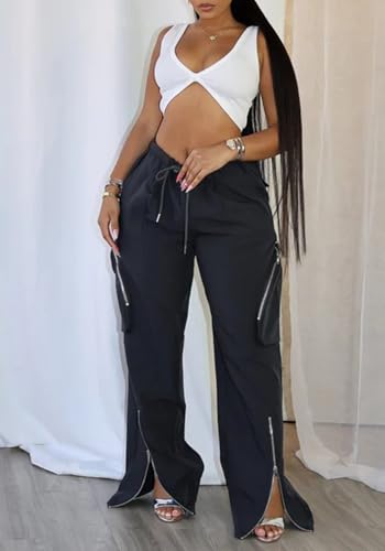 LAJIOJIO Womens Baggy Hiking Pants Casual Y2K Streetwear Zipper Split Loose Cargo Pant with Pockets2