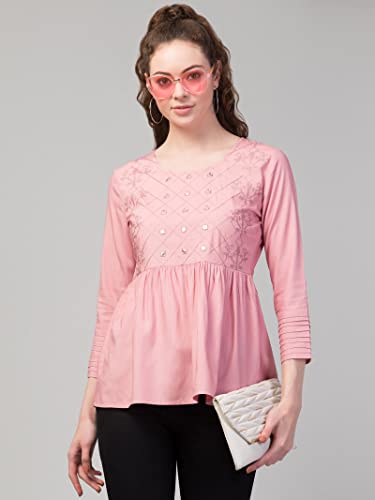 Image of FIMS - Fashion is my style Women Cotton Pleated & Gathered Embroidery Stone Full Sleeves Top Regular Fit Round Neck Tops for Girls
