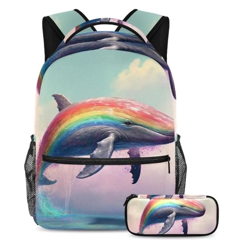 Sac à dos baleine arc-en-ciel bleu océan, l'ensemble magique pour aimer l'école