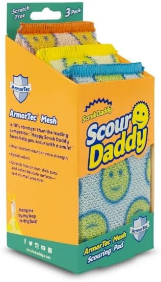 Scrub Daddy Scour Pads - Scour Daddy - Multi-Surface Scouring Pad, Absorbent, Durable, FlexTexture Sponge, Soft in Warm Water, Firm in Cold, Scratch Free, Odor Resistant, Easy to Clean 3ct (Pack of 2)