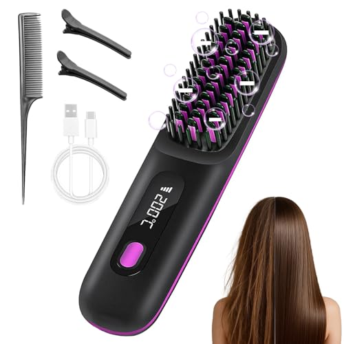 4 in 1 Brosse Lissante Sans Fil, Brosse Chauffante Pour Cheveux Courts, Fer à Lisser 3 Réglages, Céramique Anti-BrûLure, De Température Avec Affichage LED,Pour Un Coiffage Lisse Au Quotidien