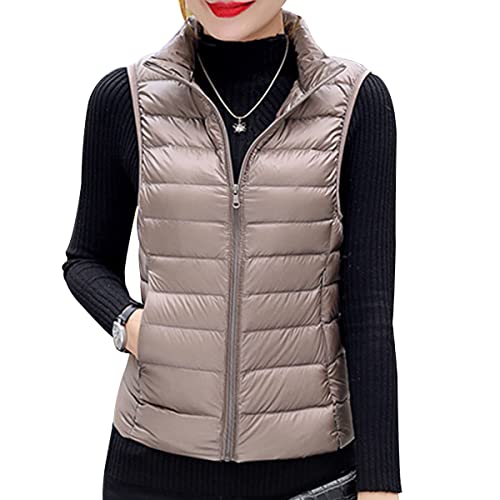 ORANDESIGNE Femme Gilet de Transition Matelassée Col Montant Doudoune Blouson avec Fermeture éclair Zipé Temps Libre Sport Fitness Sport Fitness Basic Outdoor A Kaki XXL