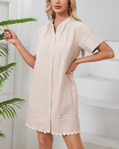Image of Women's Summer Shirt Dress Short Sleeve Button Down Mini Tie Waist Belted Tunic with Pockets RIC Rac Trim