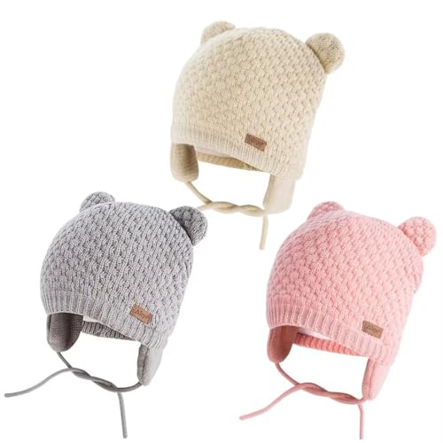 Winter Beanie Hat for Baby Kids Toddler Infant Newborn, Earflap Cute Warm Fleece Lind Knit Cap for Boys Girls (Gray&Pink&Beige)