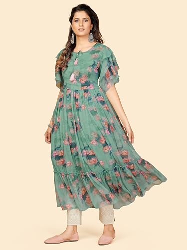 Image of Vbuyz Women's Printed & Hand Work Straight Cotton Blend Parrot Green Kurta,Pant with Dupatta | Kurta Set with Dupatta for Women | Suit Set | Ethnic Set | Printed Kurta Set | Salwar Set for Women
