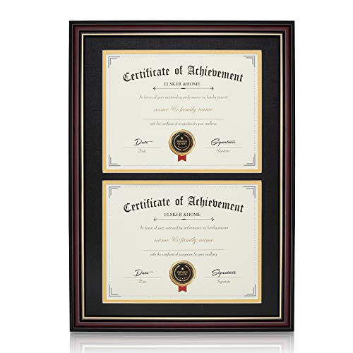 Image of ELSKER&HOME Picture Frame-Made for 2 x 8.5x11 Inch Documents or 14x20 Inch Photos with Black Mat & Golden Rim (Double Mat, Wall Mount, Wood & Plastic) | Black Mat with Golden Rim Made for Certificates&Document for 14x20 Inch Without Mat for Document Certificate