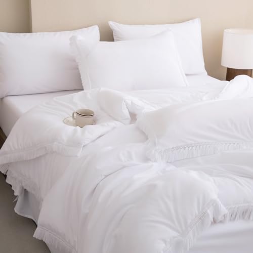 Image of Andency Queen Comforter Set with Sheets White -7 Pieces Boho Tassel Bed in a Bag Soft Lightweight Bedding Sets, All Season Fringe Bed Set with Comforter, Sheets, Pillowcases & Shams