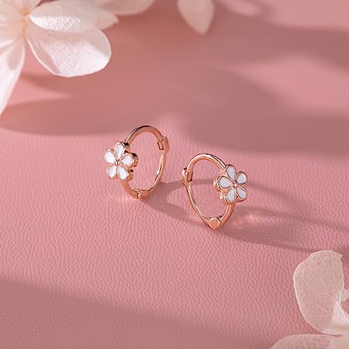 Image of Reffeer Solid 925 Sterling Silver Flower Hoop Earrings Huggie for Women Teen Girls Daisy Hoop Earrings Cartilage Helix Earrings