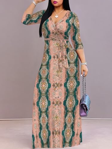 Image of PinkPatty Plus Size Maxi Dress for Women Casual V Neck 3 /4 Sleeve Boho Printed Long Dress with Pockets