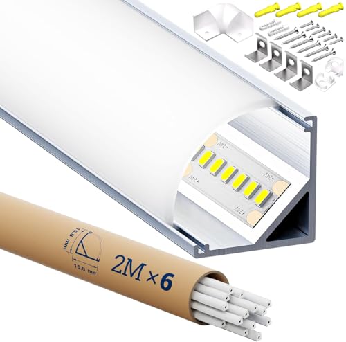 HOOLED Profile Alu pour Ruban LED à Angle de 90 degrés 2 m x 6 pièces, Profilé Aluminium LED avec couvercle satiné,Tailles 15,8 mm x 15,8 mm,Prend en charge les bandes de jusqu'à 10 mm de large
