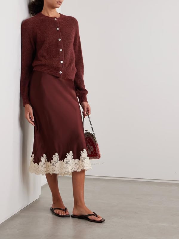 Women Silk Satin Half Slip Long Skirts Lace Patchwork Elastic Waist Long Skirt Elegant Silky Flowy A Line Midi Skirts - Image 2