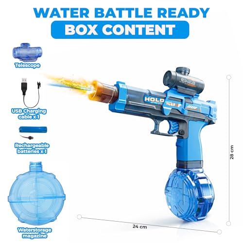 Image of Kidology Electric Water Gun Toy | High-Pressure Water Blaster with Flash Effect, 350ML Large Capacity Drum Tank Long Range Squirt Gun for Kids, Teens & Adults (Ages 14+), Outdoor Summer Toy (Blue)