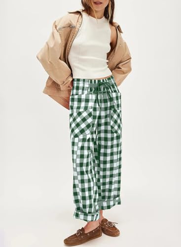 Acelitt Women Drawstring Elastic Waist Checkered Pants with Pockets, S-XXL2