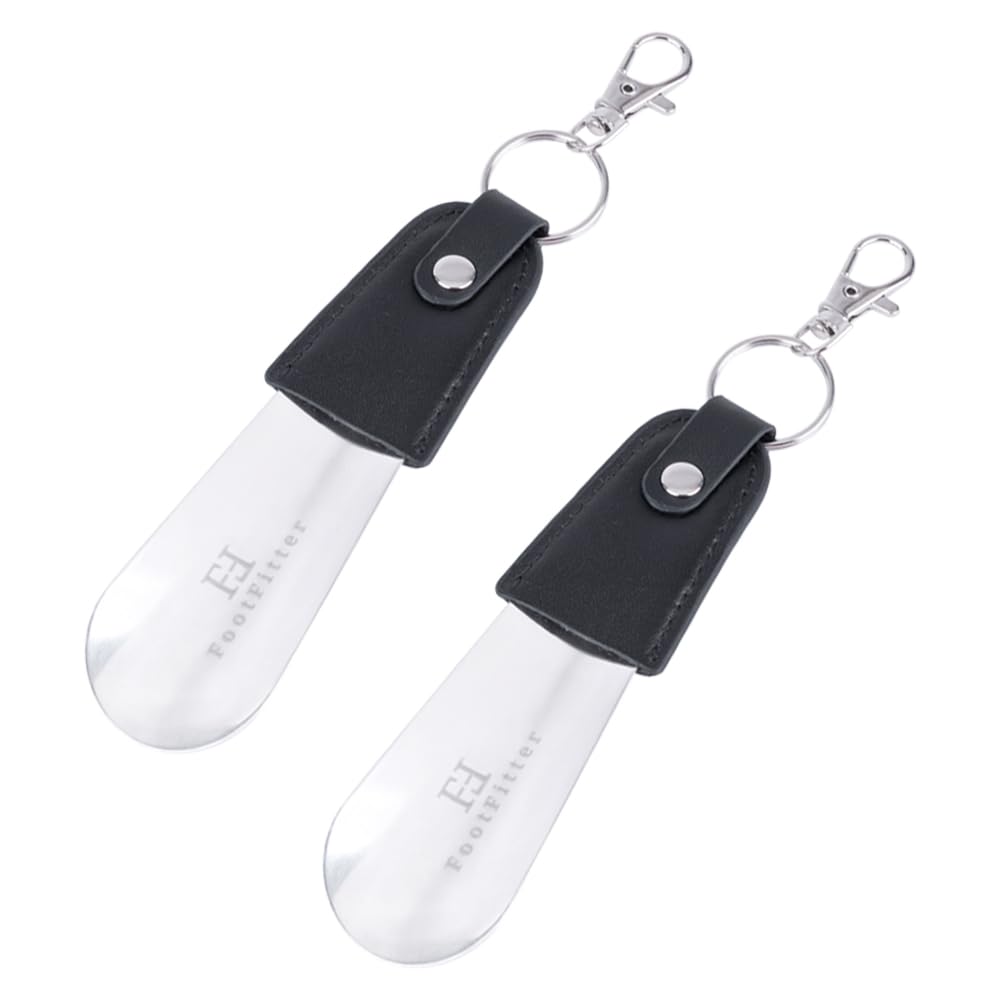 FootFitter Stainless Steel 5" Travel Shoe Horn with Keychain, Thick Metal & Leather, Durable & Strong Portable Shoehorn
