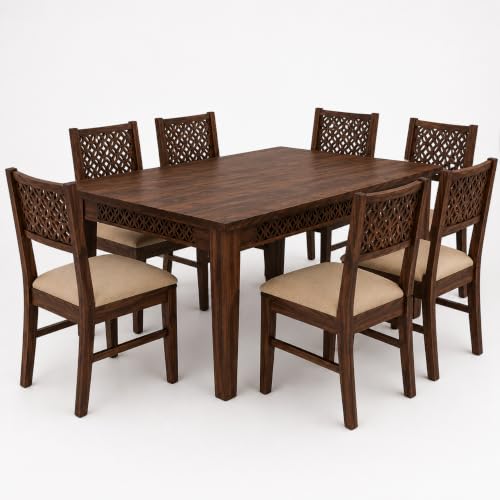 Image of Solid Sheesham Wood 6 Seater Dining Table Set for Home & Kitchen | Walnut Finish Wooden Dining Set with 6 Cushioned Chairs | Table Size 57 x 30 x 29 Inches | Chair Size 17 x 17 x 35 Inches