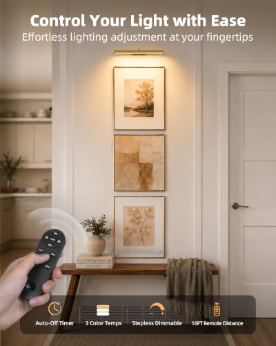 Image of EZVALO 16 inch Picture Light for Wall, 6000mAh Rechargeable Wireless Picture Light with Remote, Dimmable Battery Operated Painting Light with 3 Color Temps for Wall Art, Living Room, Hallway - Gold