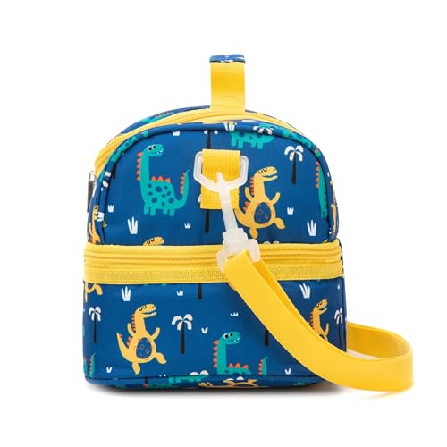Image of Insulated Kids Dual Compartment Lunch Bags Tote for Boys Toddler Kindergarten School Double Decker Cooler Boxes with Shoulder Strap Yellow Dinos