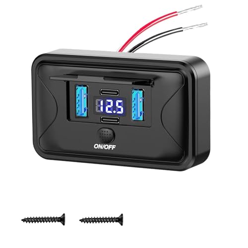 Intckwan 12V USB Steckdose Aufputz 84W 4 Port 2X PD3.0 & 2X QC3.0 Schnellladung mit Schalter & Blauem LED-Voltmeter für Wohnmobil Bus Boot Traktor Golf Cart