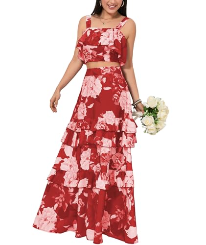 SOMTHRON Women's Summer 2 Piece Outfits Floral Print Strap Crop Tops Tiered Ruffle Skirt Sets Maxi Long Dress2
