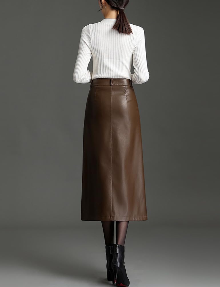 Long Leather Skirts for Women Casual High Waisted Fall Winter Bodycon Midi Skirt with Slit - Image 4