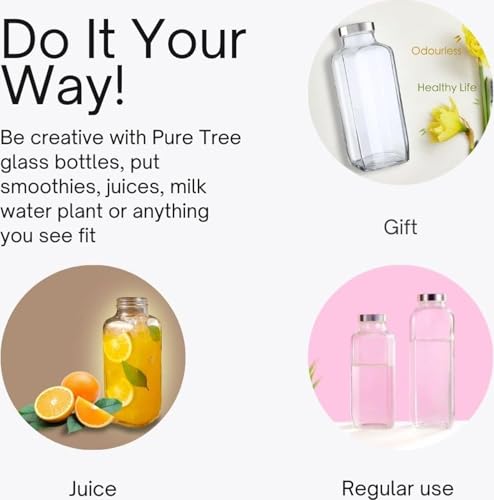 Image of Glass Water Bottle Set of 4 with Stainless Steel Lid, 1000ml Leakproof Juice Bottle, Reusable Drinking Bottle for Water, Detox, Juice, Smoothies & Fridge Storage