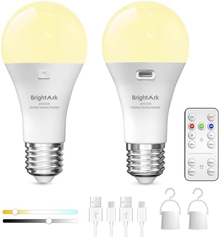 BrightArk Rechargeable Light Bulbs E26 with Remote, 3 Colors USB Rechargeable Bulb LED with Timing Function Battery Operated Light for Outdoor Emergency Light (2-Pack)