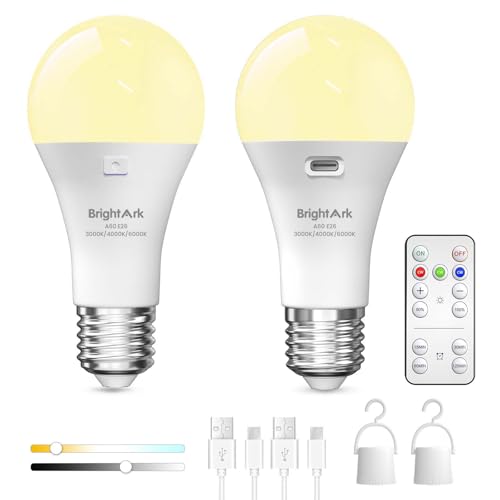 BrightArk Rechargeable Light Bulbs E26 with Remote, 3 Colors USB Rechargeable Bulb LED with Timing Function Battery Operated Light for Outdoor Emergency Light (2-Pack)