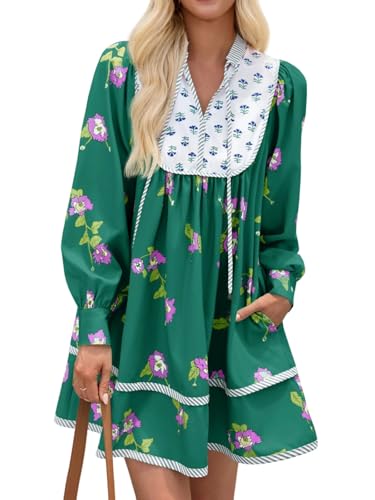 Image of Wenrine Womens Casual Floral Mini Dress Fall Long Sleeve V Neck Patchwork Loose Boho Shirt Dresses