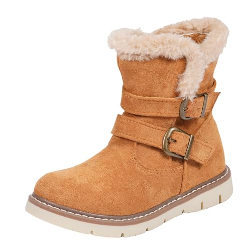 TZJS Girls Warm Winter Boots Kids Fashion Faux Fur Lined Snow Boot Side Zipper Lightweight Durable Outdoor Walking Shoes for Toddler/Little Kid(Camel,numeric_12)