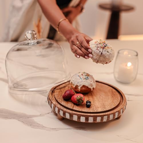 Image of Sugar Sphere Acacia Wood Cake Stand with Glass Dome | Cake Plate with Dome Lid | Multipurpose Serving Stand for Wedding Birthday Parties | Dessert Display