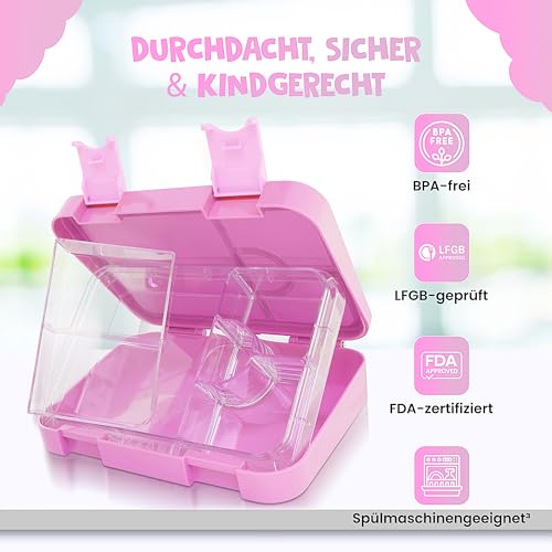 sosame® Brotdose für Kinder mit 6 Fächern – Bento Lunchbox auslaufsicher – Jausenbox für Schule & Kindergarten (ROSA-Kitten)