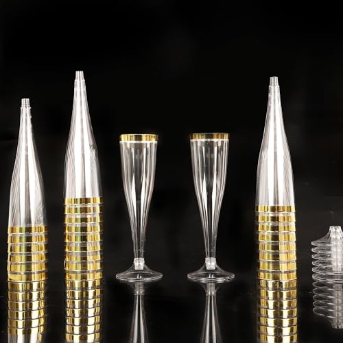 Zcaukya 100 Plastic Champagne Flutes, 4.5oz Clear Disposable Hard Stemware Cups with Golden Rim, Plastic Champagne Glasses for Wedding, Graduation Party, Bridal Shower, Birthday Party - Image 4