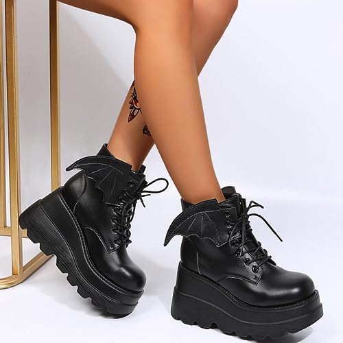 SACFOF Womens Goth Ankle Boots Platform Chunky Wedge Lace Up Combat Boots Punk Short Booties Motorcycle Platform Boots4