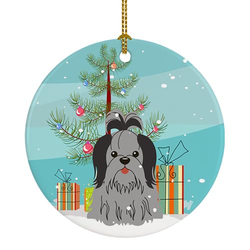 Caroline's Treasures Merry Christmas Tree Shih Tzu Black Silver Ceramic Ornament Christmas Tree Hanging Decorations for Home Christmas Holiday, Party, Gift, 3 in, Multicolor