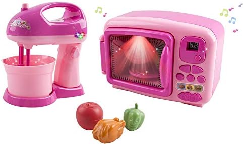 Toy Microwave and Mixing Blender Children's Kitchen Pretend Play Playset Battery Operated Appliance Set with Food Pieces Perfect for Early Learning Educational Preschool Girls Cooking Toys Pink