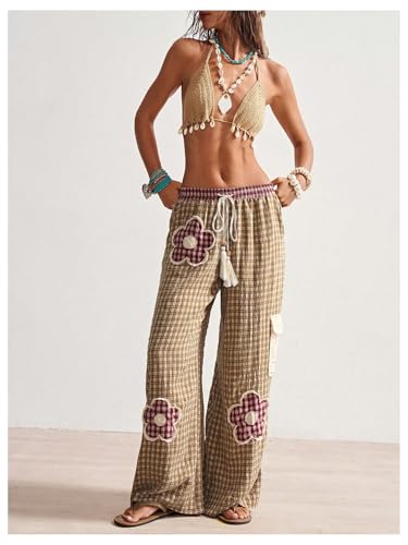 Women's Floral Patch Baggy Pants Plaid Drawstring Waist Wide Leg Causal Trousers with Pockets3