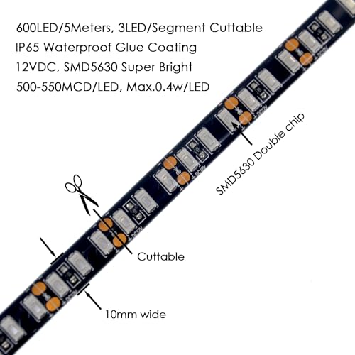Image of Super Bright Black PCB 12V SMD5630(0.4w) LED Strip Lights Without Power Supply, IP65 Waterproof, Pack of 16.4ft /5M (600LED-Red)