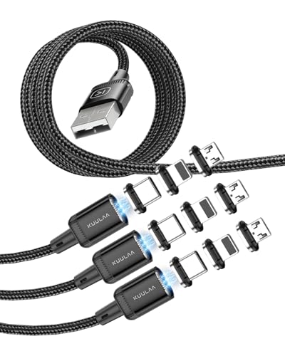 Kuulaa Lot de 3 câbles de charge magnétiques 3 en 1-1 m, charge rapide 3 A et transfert de données, compatible avec iPhone/Micro USB/Type-C, gaine en nylon...