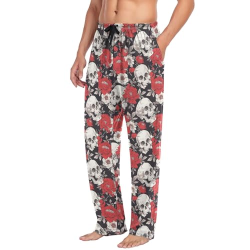 Vdsrup Men's Pajama Pants Skulls Rose Black Pajama Pants for Men PJs Bottoms Drawstring Pockets Sleep Lounge Pants S4