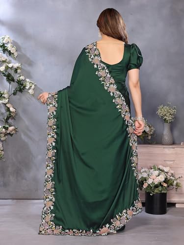 Image of Pandadi Saree Women's Satin Embroidery Work Saree With Unstitched Blouse Piece