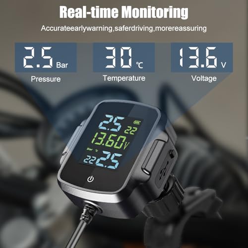 Motorrad TPMS Reifendrucküberwachungssystem, Reifendrucksensor mit 2 Sensoren Reifendruckalarm, Temperatur und Spannungsüberwachung,Unterstützt USB Ausgang, Schnellladung