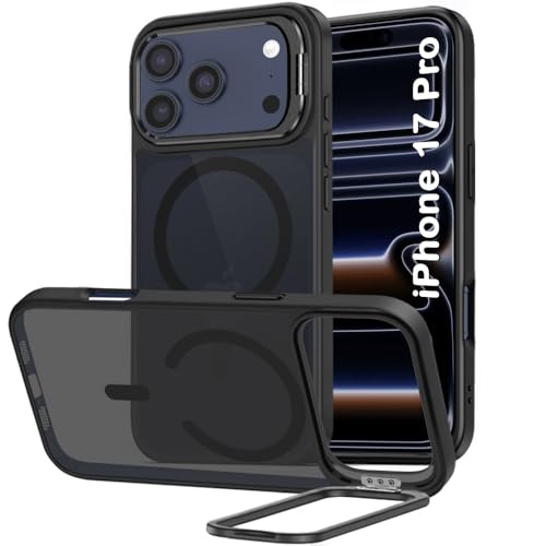 Image of TheGiftKart Hybrid Matte Frosted Back Cover Case for iPhone 17 Pro Compatible with MagSafe | Built-in Stand | Shockproof Hard Back Cover Case for iPhone 17 Pro (PC & TPU, Translucent Black)
