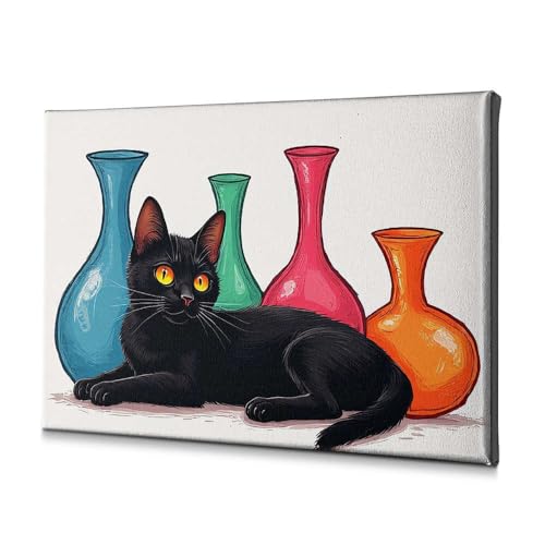 Tableau chat noir et vases colorés : petite toile murale déco 20x30