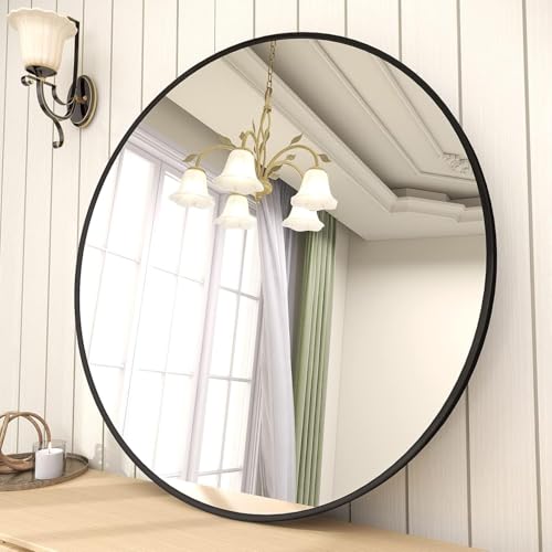 Image of Round Wall Mirror with Durable Wooden Frame - 24 inch (Black) | Modern Decorative Wall Hanging Mirror for Bathroom, Bedroom, Basin, Dressing Table, Entryway & Home Interior Decor