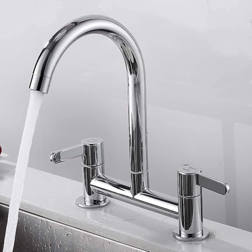 Kitchen Sink Mixer Taps, Brushed Kitchen Tap, Chrome Dual Lever 1/4 Turn Lever Control, 360° Swivel Spout 2 Hole Bridge Tap Cold and Hot Mixer Tap(Silver) - 6