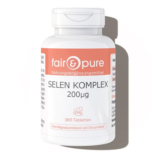 Fair & Pure Complejo de selenio en comprimidos 200 μg, 365 unidades, complemento alimenticio vegano sin aditivos, fabricado en Alemania