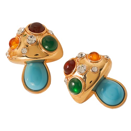 Gold Plated Rhinestone Resin Hypoallergenic Lightweight Retro Color Mushroom Earrings for Women Medieval Retro Ear studs