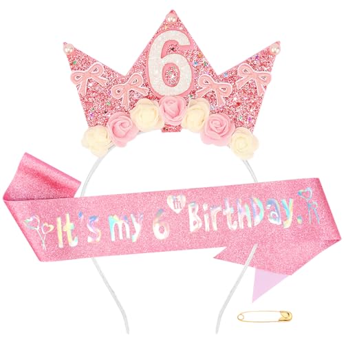 Atoden 6 Year Old Birthday Headband and Sash Happy 6th Birthday Decorations for Girl Glitter Flower Princess Crown Tiara with Pink Bow Party Costume Outfit Gifts
