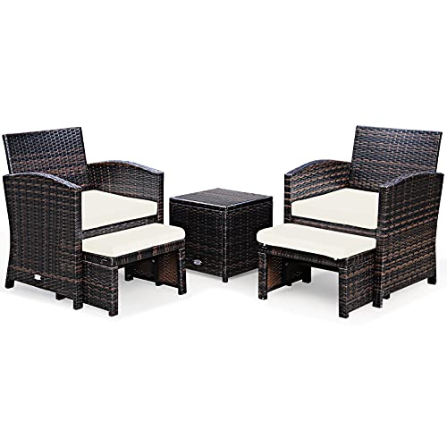 GIANTEX Salon de Jardin 2-4 Personnes en Résine, 2 Fauteuiles, 2 Repose-Pieds, Coussins, Table...